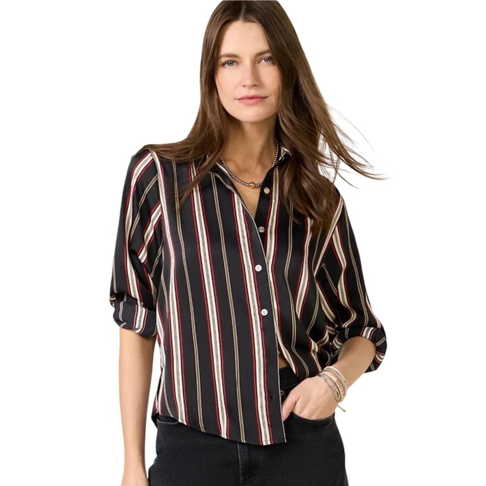 Evereve Naomi Satin Button Down Shirt Stripe Sz XL Long Sleeve Blouse